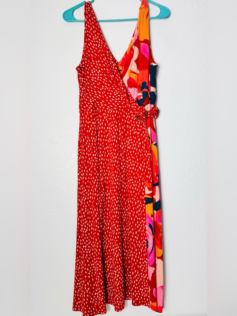 Monsoon Dress Size Medium Soft Jersey Knit Red Pink Abstract Art Wrap Vintage
